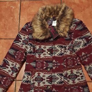 Patterned Burgundy Faux-Fur Collar Coat - Women